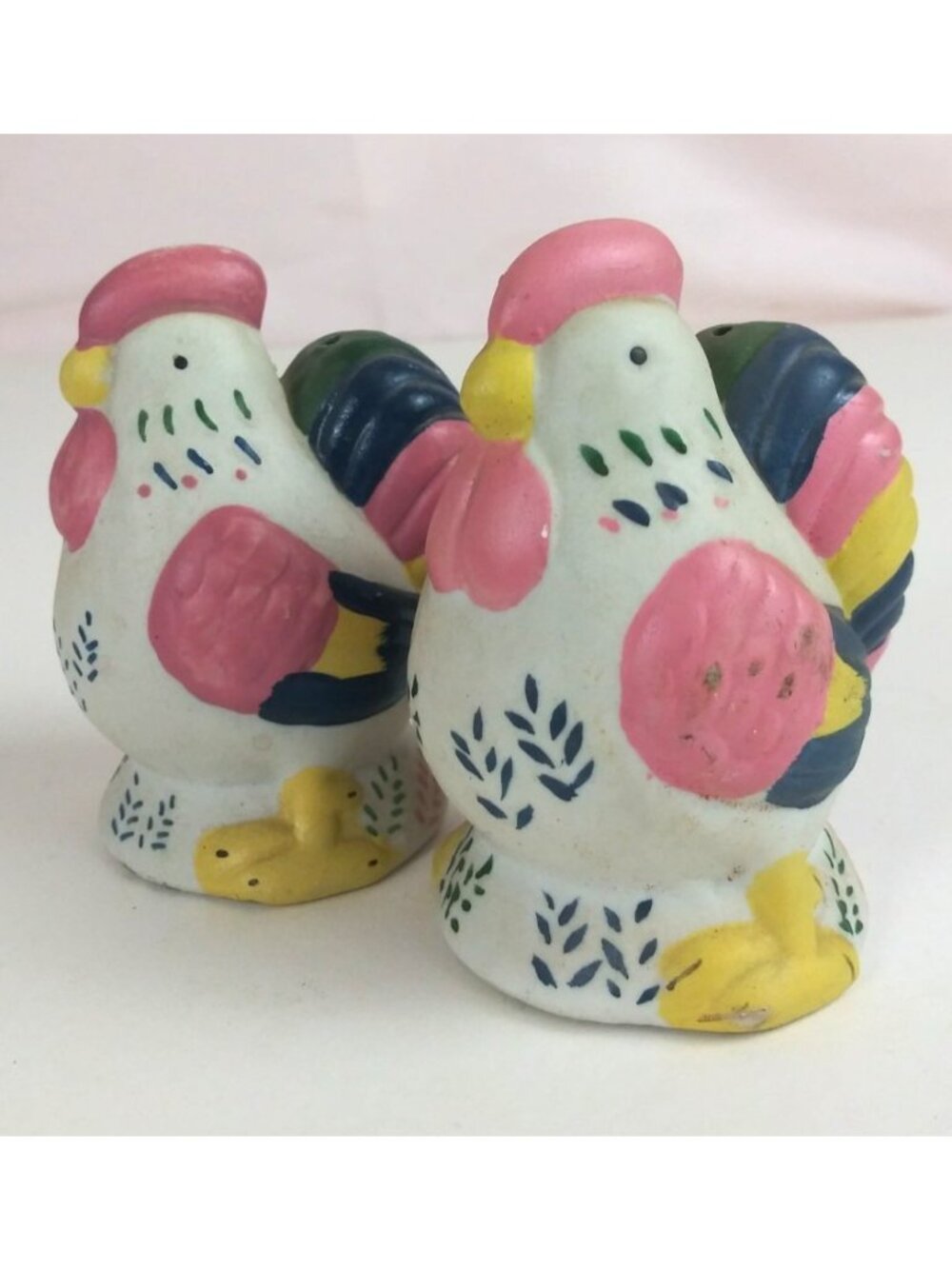 Vintage Bright Colorful Bisque Rooster Salt & Pepper Shakers